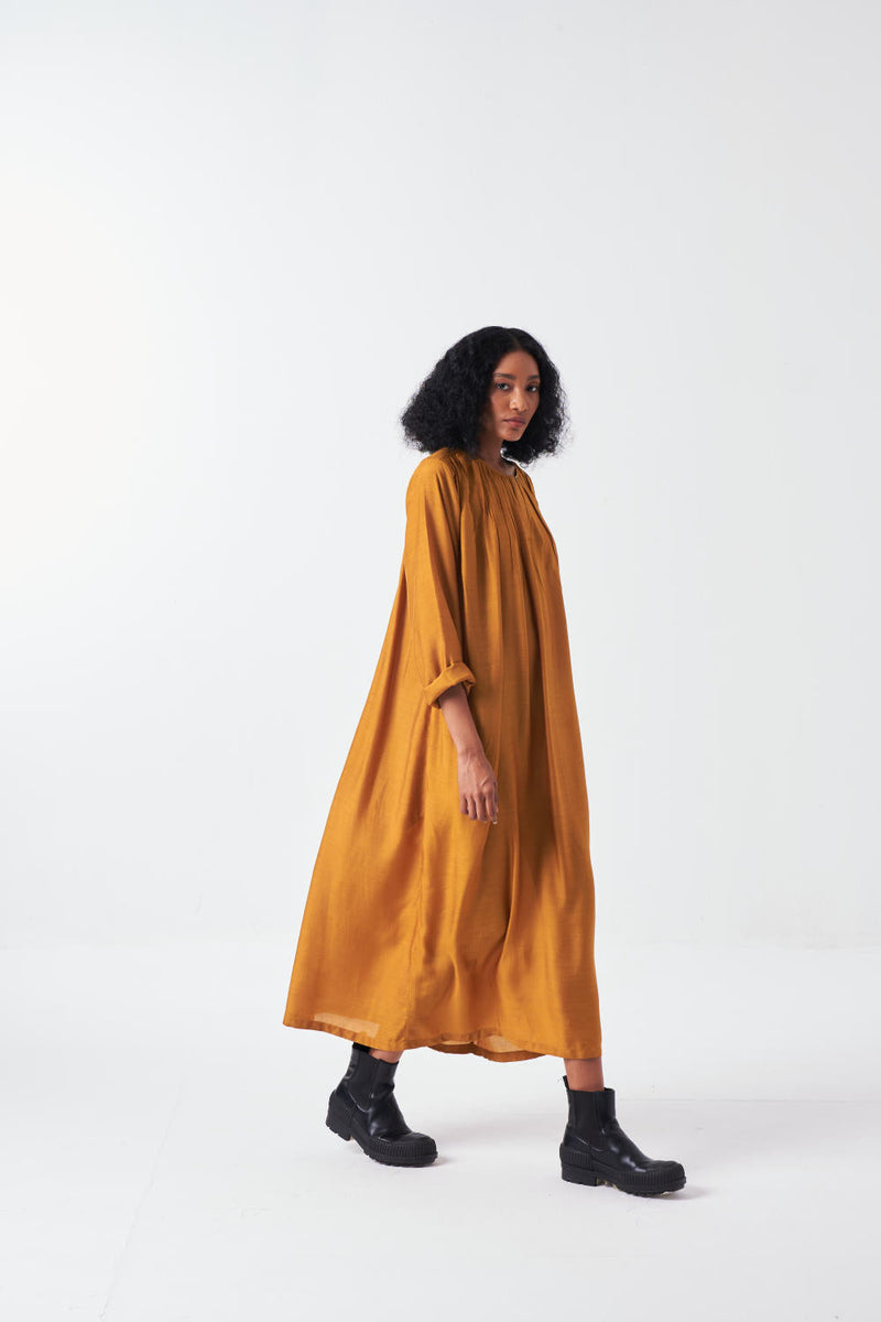 GATHER NECK DRESS-MUSTARD bemberg by THREE for women Worldwide