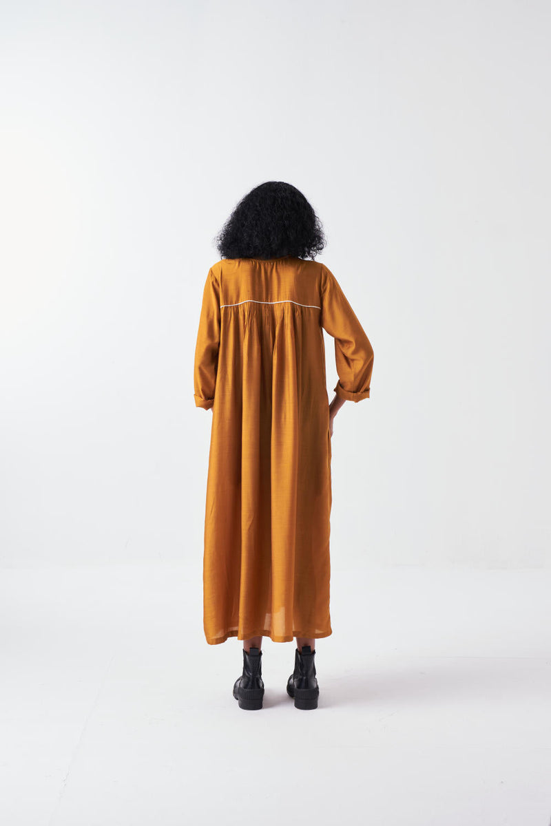 GATHER NECK DRESS-MUSTARD bemberg by THREE for women Worldwide