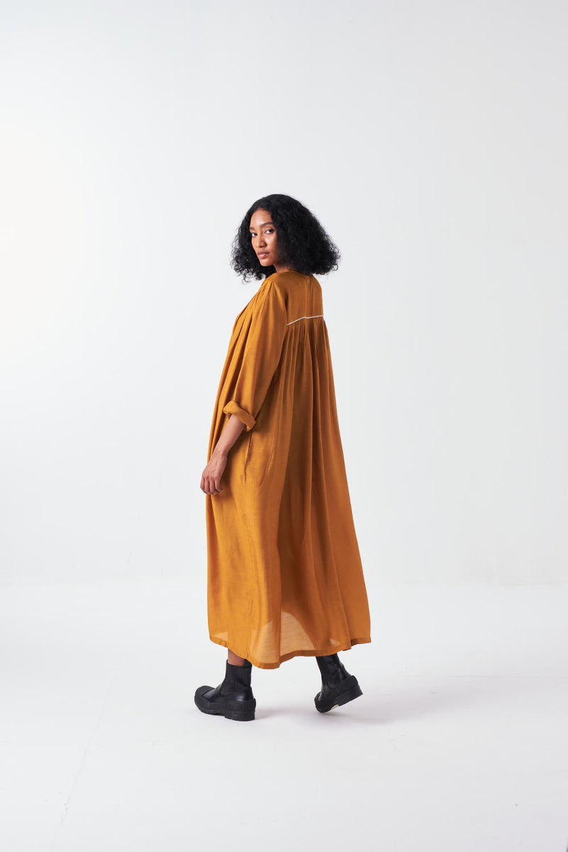 GATHER NECK DRESS-MUSTARD bemberg by THREE for women Worldwide