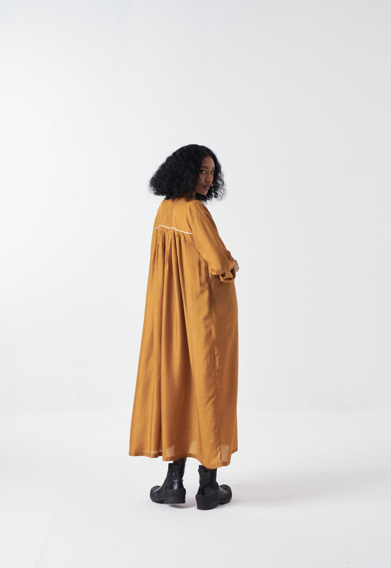 GATHER NECK DRESS-MUSTARD bemberg by THREE for women Worldwide
