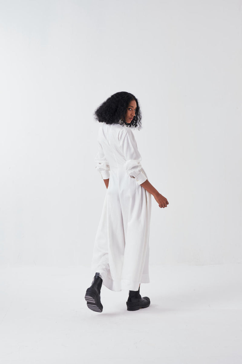 COLLARED SIDE ELASTIC WAIST JUMPSUIT-WHITE by THREE for women Worldwide