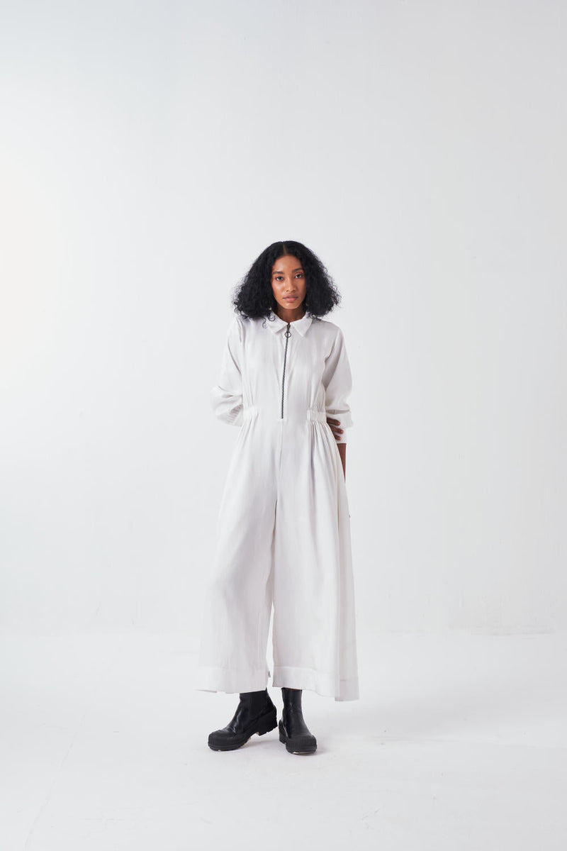 COLLARED SIDE ELASTIC WAIST JUMPSUIT-WHITE by THREE for women Worldwide