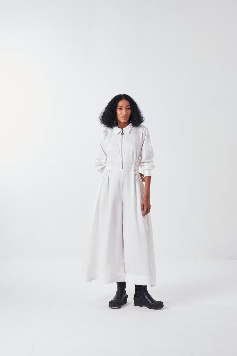 COLLARED SIDE ELASTIC WAIST JUMPSUIT-WHITE by THREE for women Worldwide