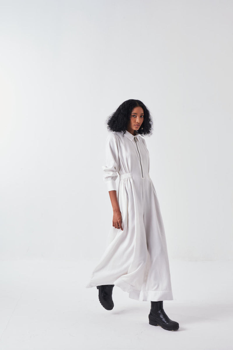 COLLARED SIDE ELASTIC WAIST JUMPSUIT-WHITE by THREE for women Worldwide