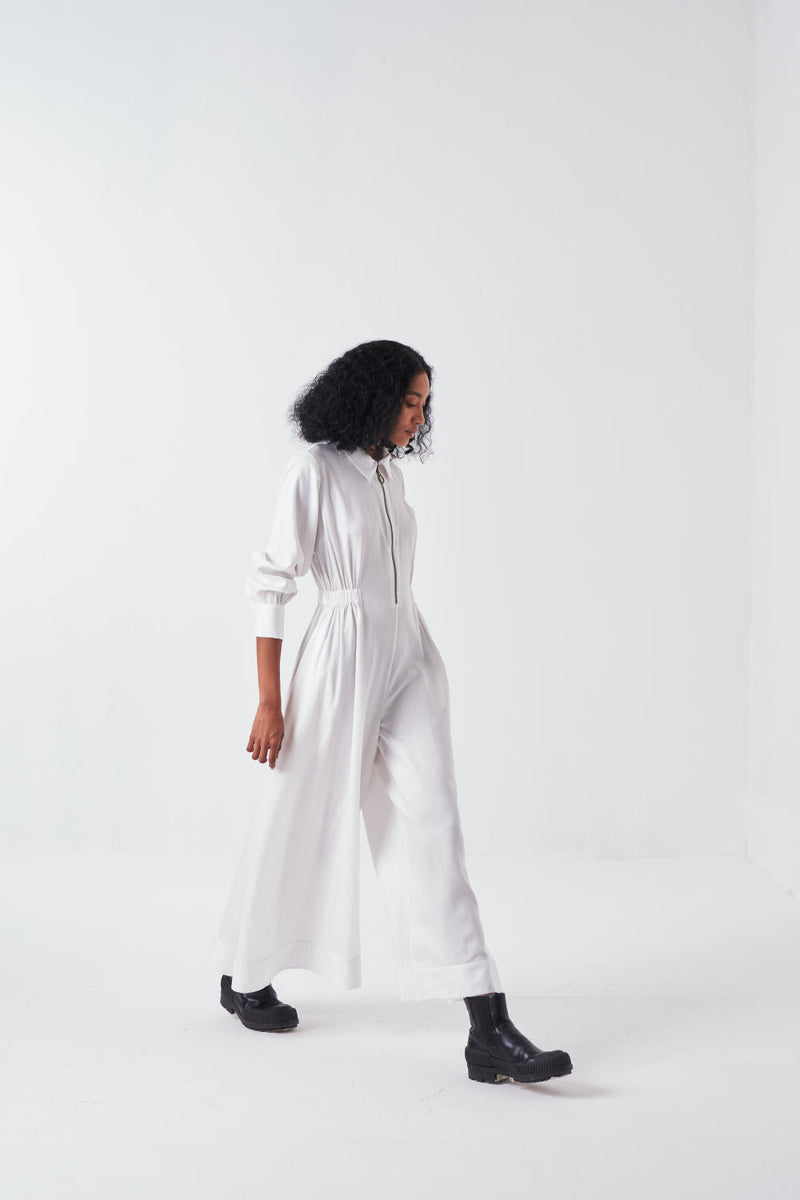 COLLARED SIDE ELASTIC WAIST JUMPSUIT-WHITE by THREE for women Worldwide