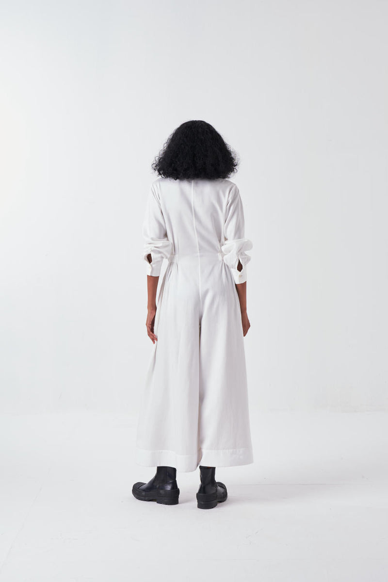 COLLARED SIDE ELASTIC WAIST JUMPSUIT-WHITE by THREE for women Worldwide