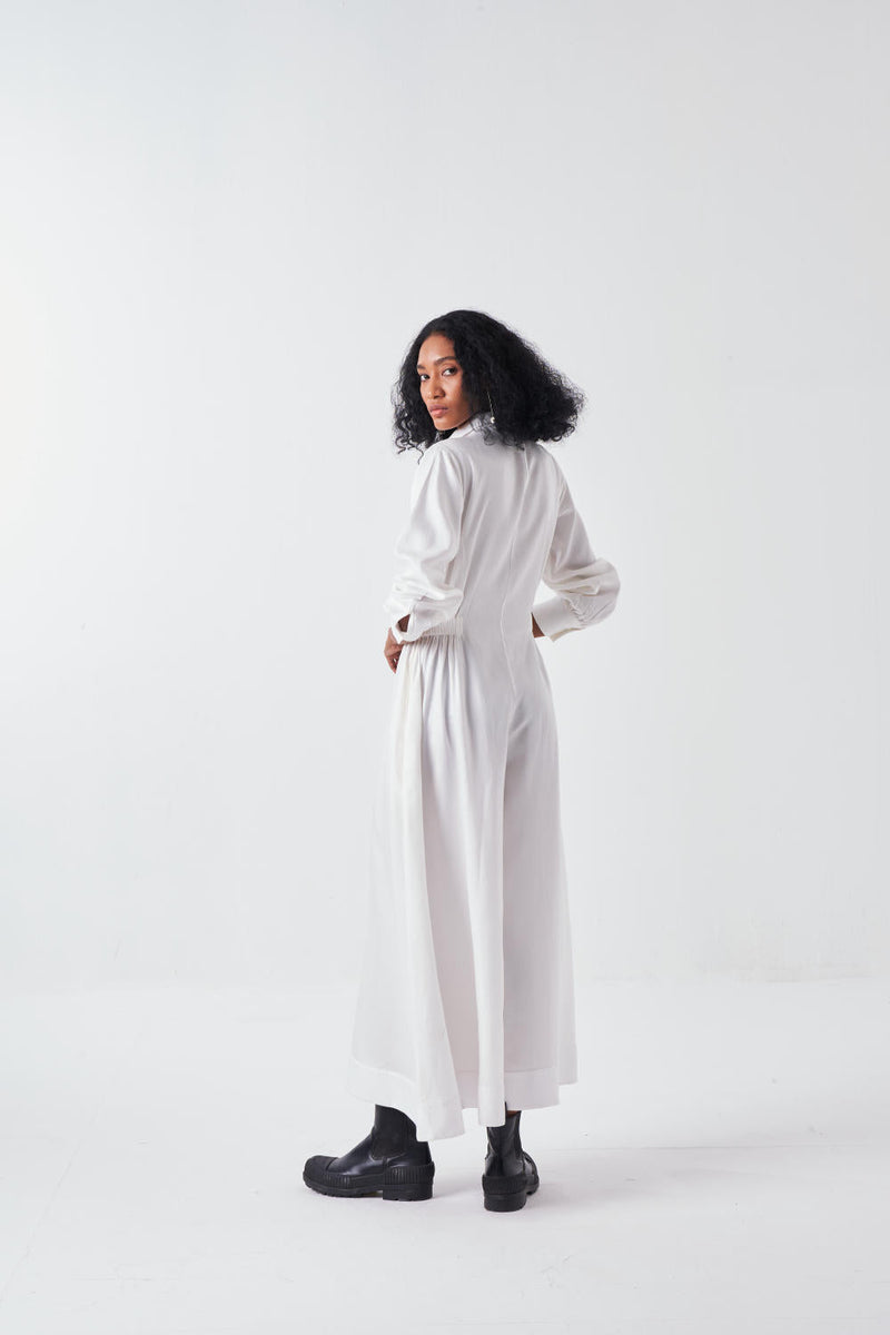 COLLARED SIDE ELASTIC WAIST JUMPSUIT-WHITE by THREE for women Worldwide