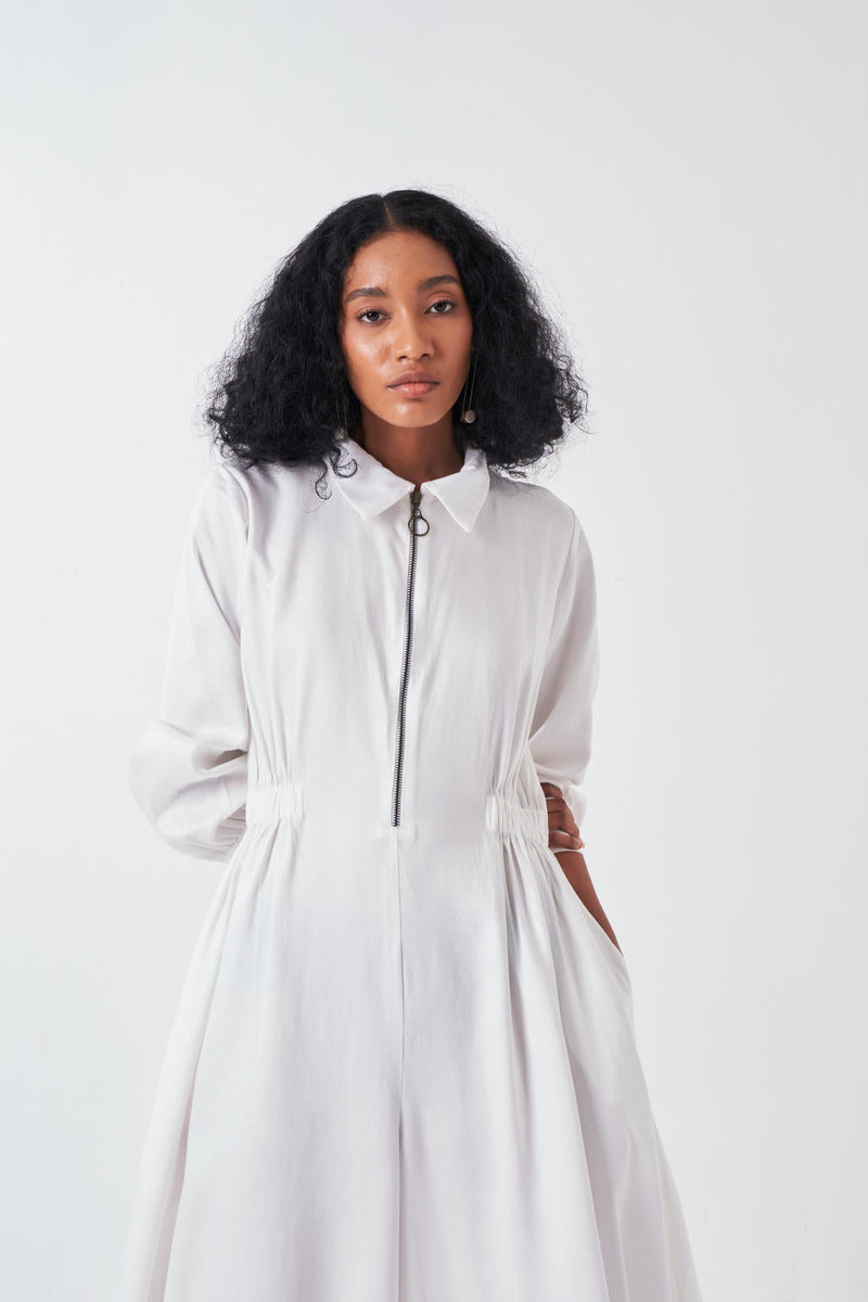 COLLARED SIDE ELASTIC WAIST JUMPSUIT-WHITE by THREE for women Worldwide