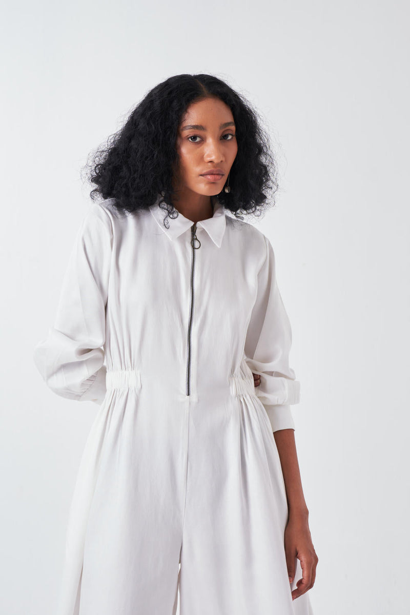 COLLARED SIDE ELASTIC WAIST JUMPSUIT-WHITE by THREE for women Worldwide