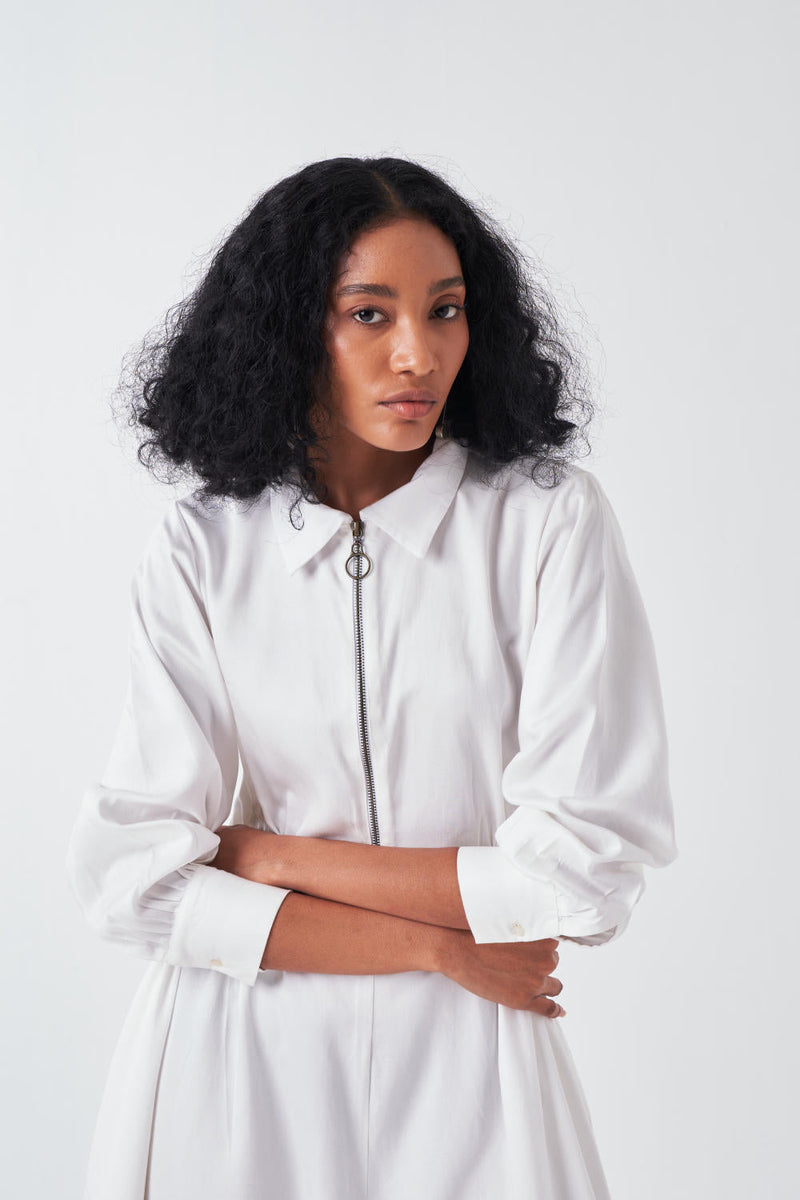 COLLARED SIDE ELASTIC WAIST JUMPSUIT-WHITE by THREE for women Worldwide