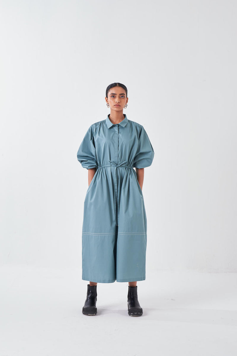 PANEL DRAWSTRING DRESS-NIAGRA BLUE poplin by THREE for women Worldwide