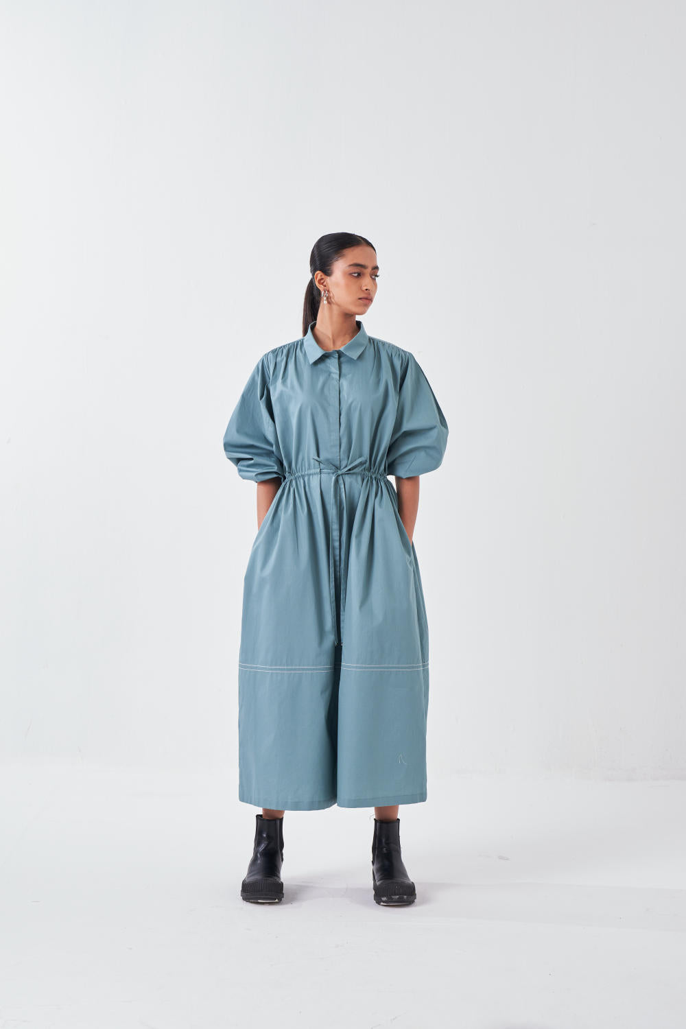 PANEL DRAWSTRING DRESS-NIAGRA BLUE