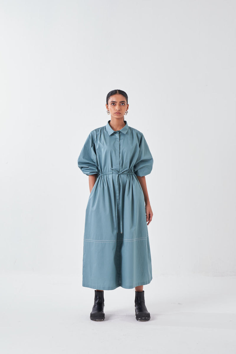PANEL DRAWSTRING DRESS-NIAGRA BLUE poplin by THREE for women Worldwide