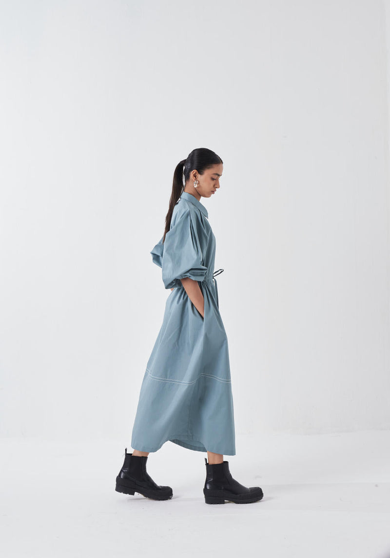 PANEL DRAWSTRING DRESS-NIAGRA BLUE poplin by THREE for women Worldwide