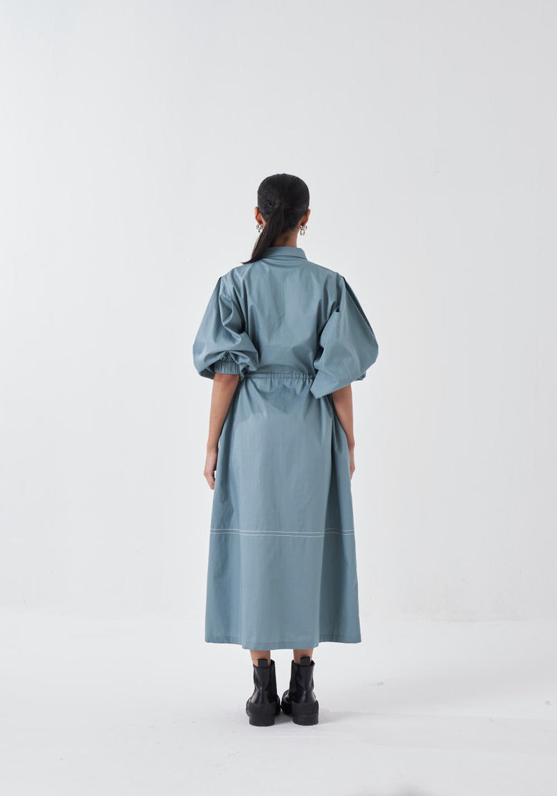 PANEL DRAWSTRING DRESS-NIAGRA BLUE poplin by THREE for women Worldwide