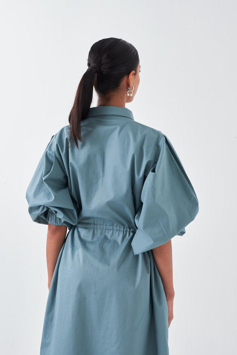 PANEL DRAWSTRING DRESS-NIAGRA BLUE poplin by THREE for women Worldwide