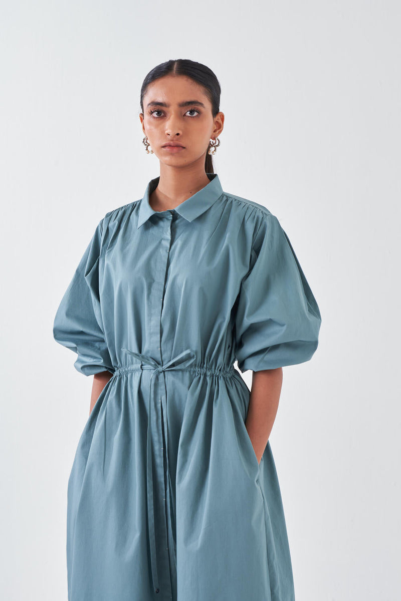 PANEL DRAWSTRING DRESS-NIAGRA BLUE poplin by THREE for women Worldwide