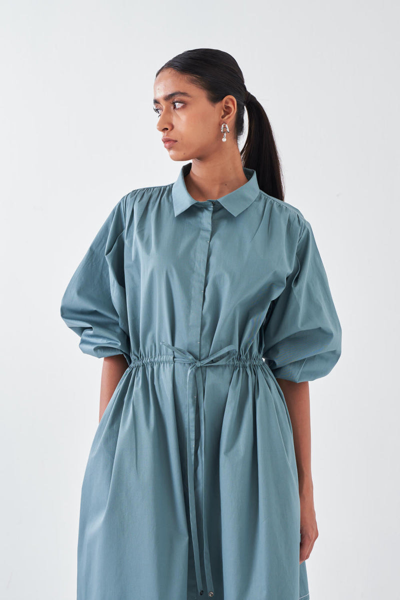 PANEL DRAWSTRING DRESS-NIAGRA BLUE poplin by THREE for women Worldwide