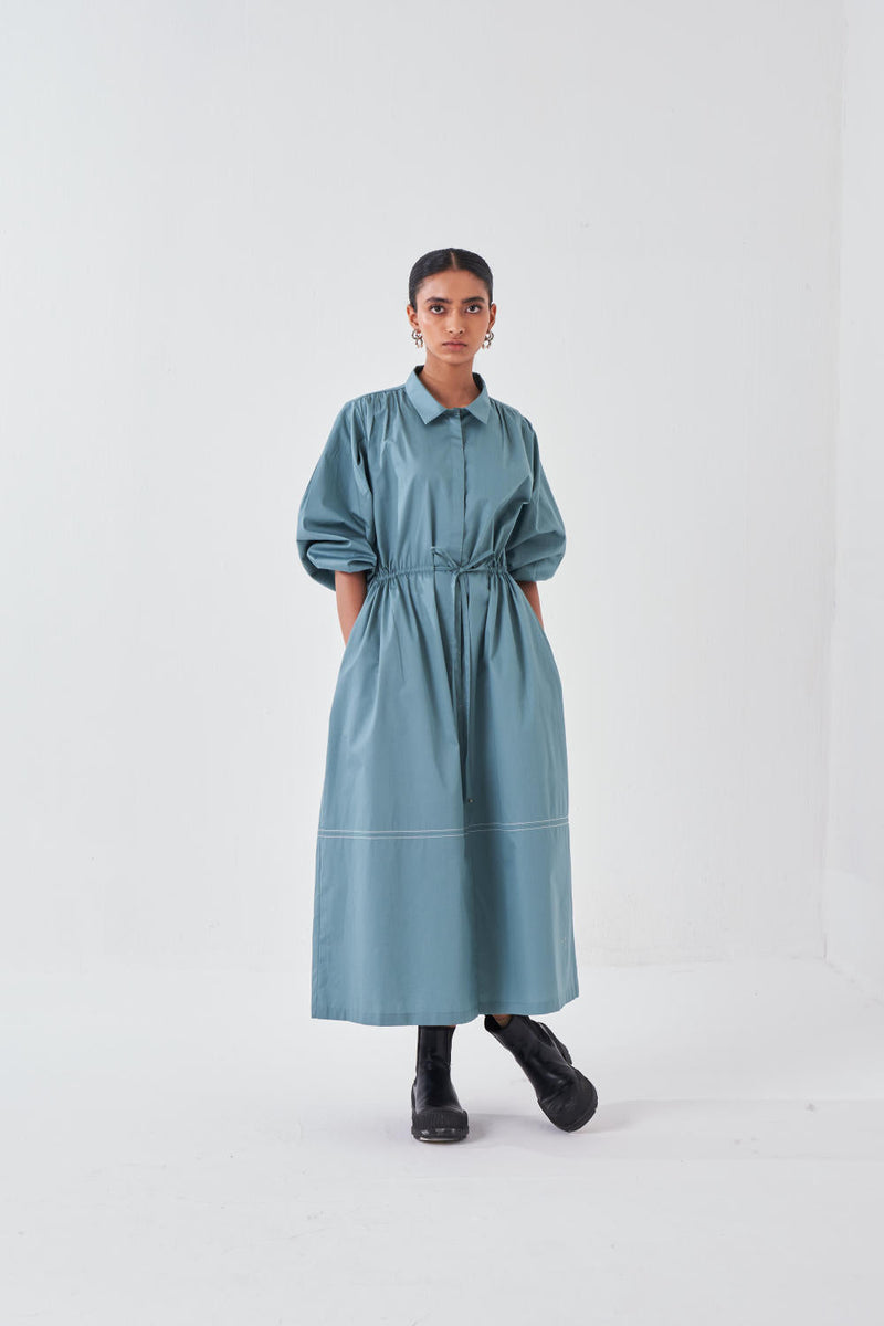 PANEL DRAWSTRING DRESS-NIAGRA BLUE poplin by THREE for women Worldwide