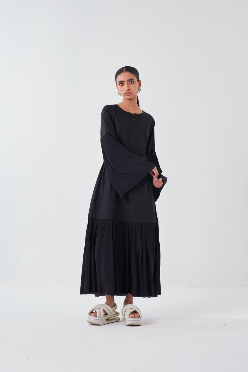 FRILL SLEEVE DROP WAIST DRESS -BLACK poplin by THREE for women Worldwide