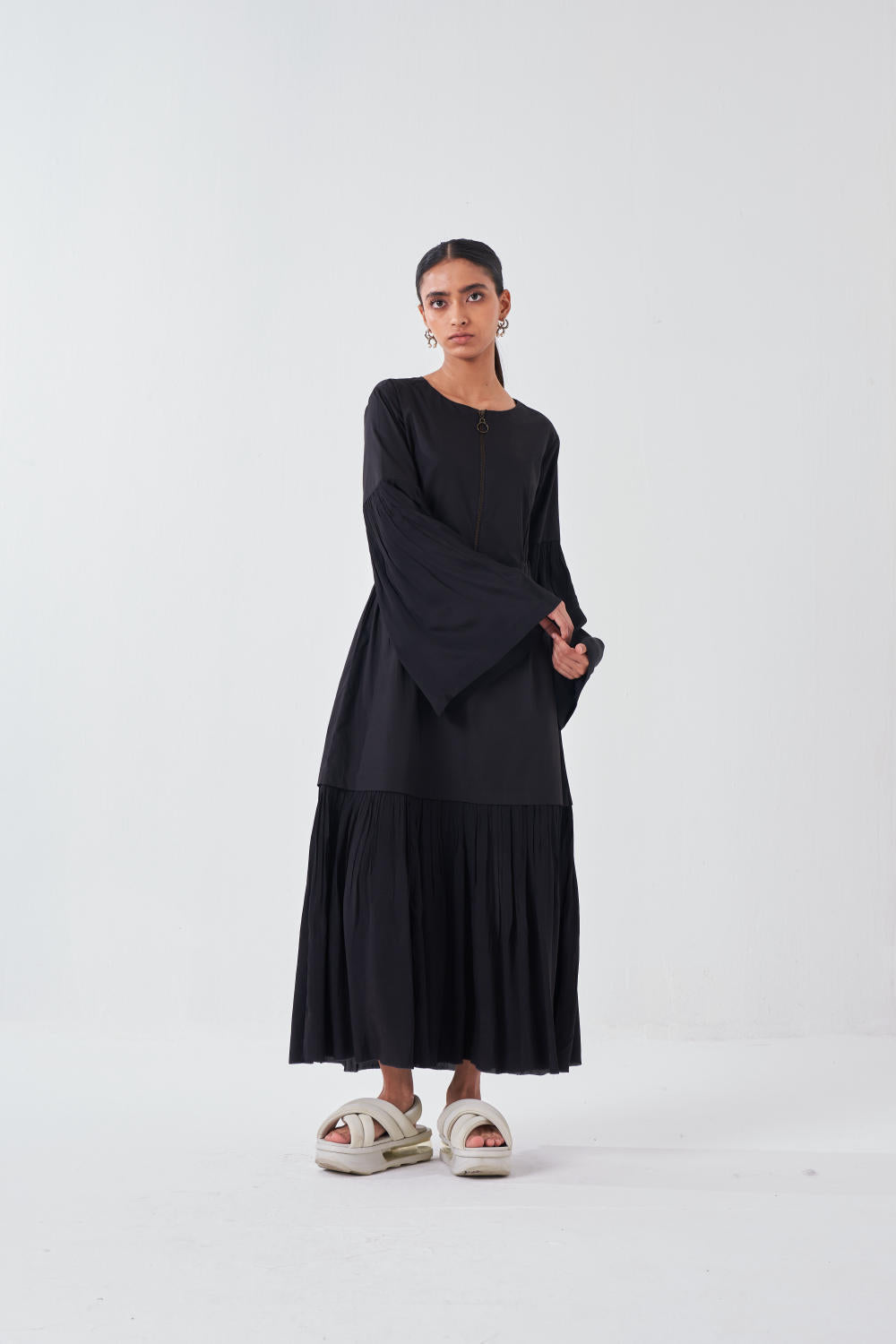 FRILL SLEEVE DROP WAIST DRESS -BLACK