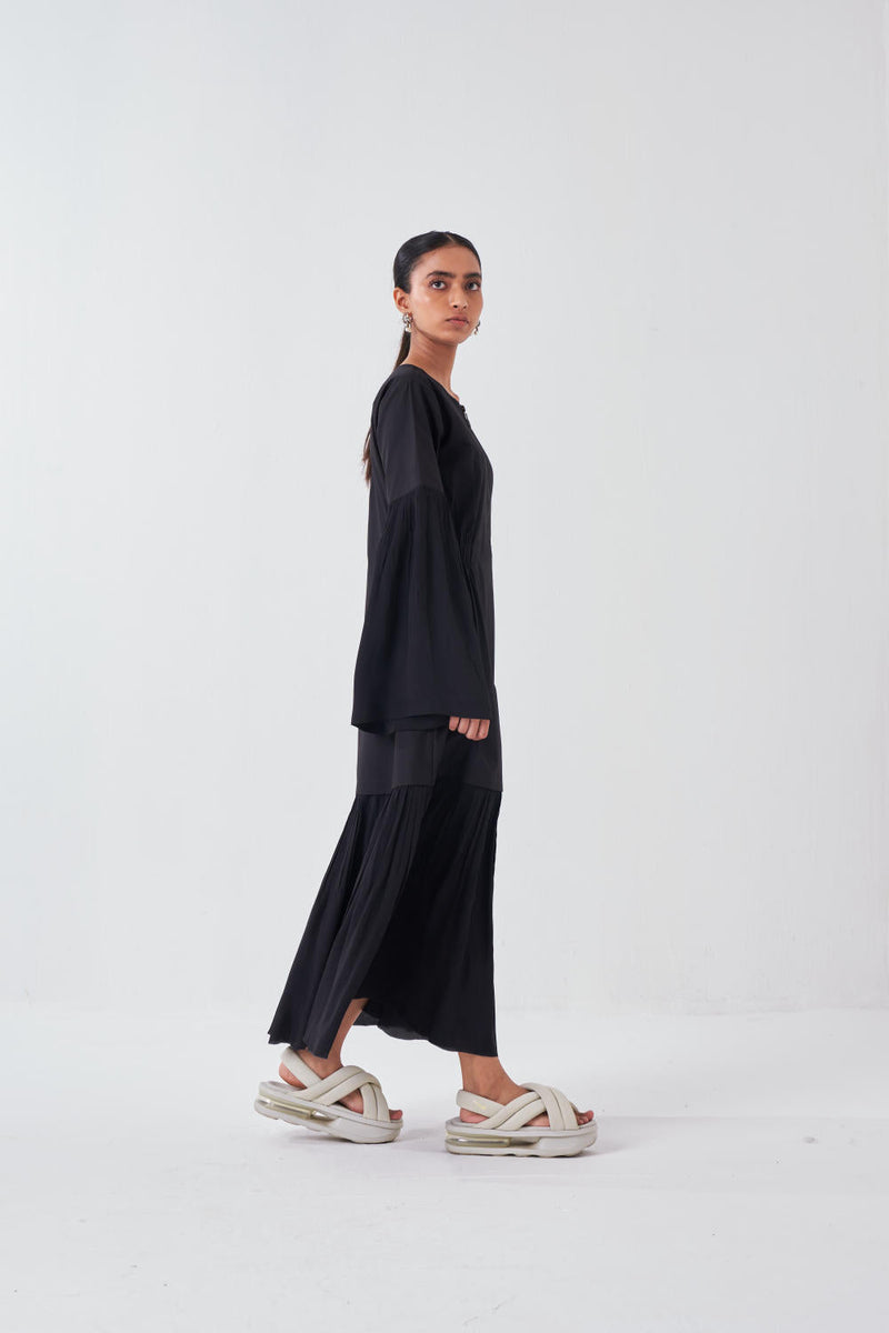 FRILL SLEEVE DROP WAIST DRESS -BLACK poplin by THREE for women Worldwide