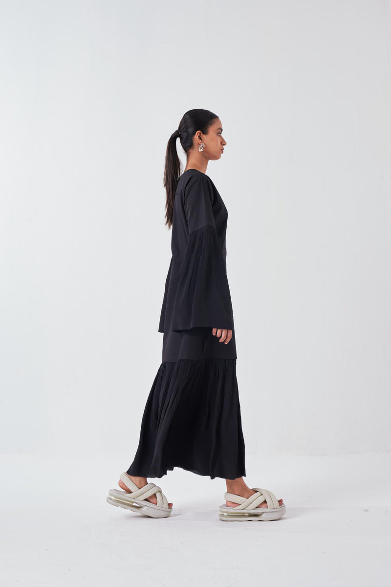FRILL SLEEVE DROP WAIST DRESS -BLACK poplin by THREE for women Worldwide