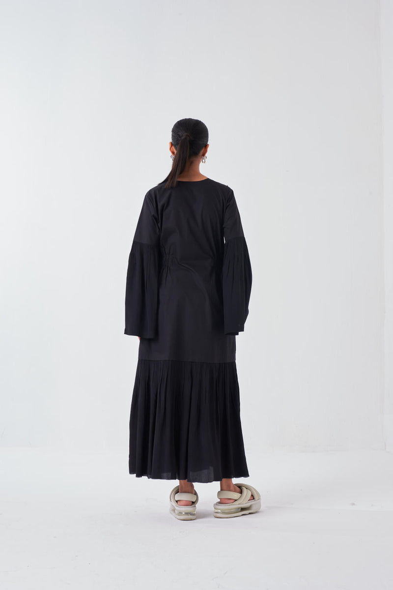 FRILL SLEEVE DROP WAIST DRESS -BLACK poplin by THREE for women Worldwide