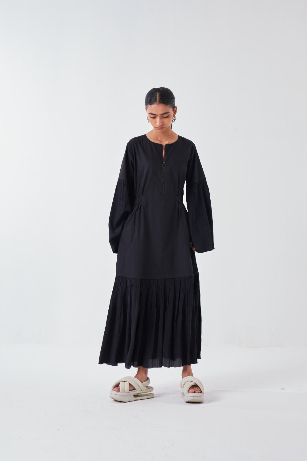 FRILL SLEEVE DROP WAIST DRESS -BLACK