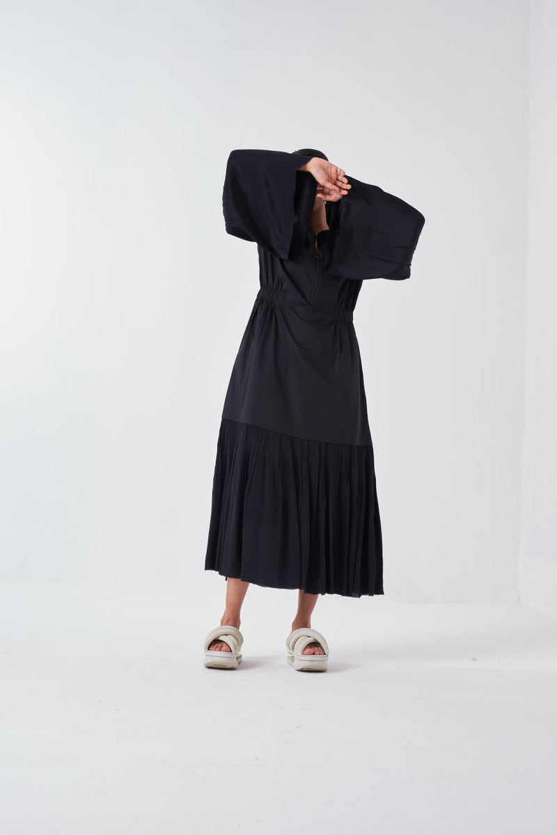 FRILL SLEEVE DROP WAIST DRESS -BLACK poplin by THREE for women Worldwide