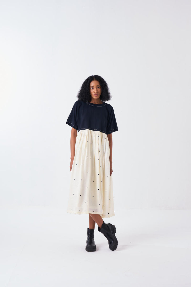 YOKE GATHER DRESS -BLACK/IVORY silk by THREE for women Worldwide