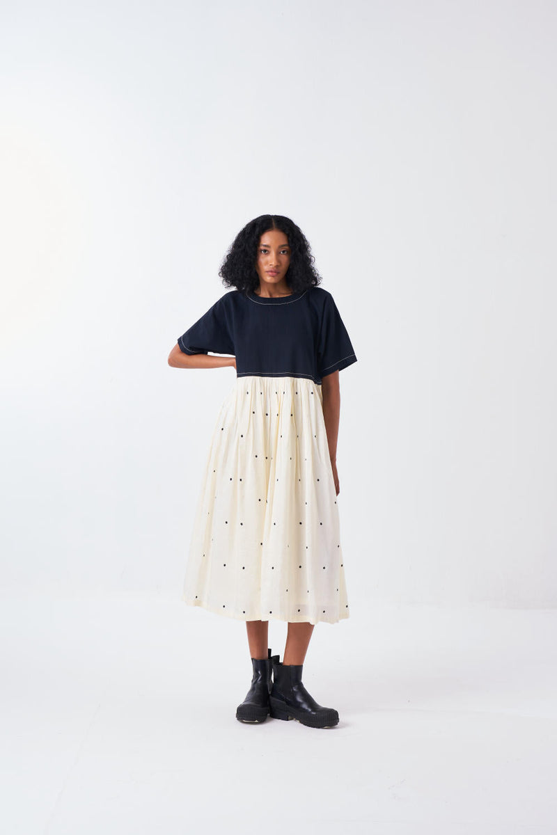 YOKE GATHER DRESS -BLACK/IVORY silk by THREE for women Worldwide