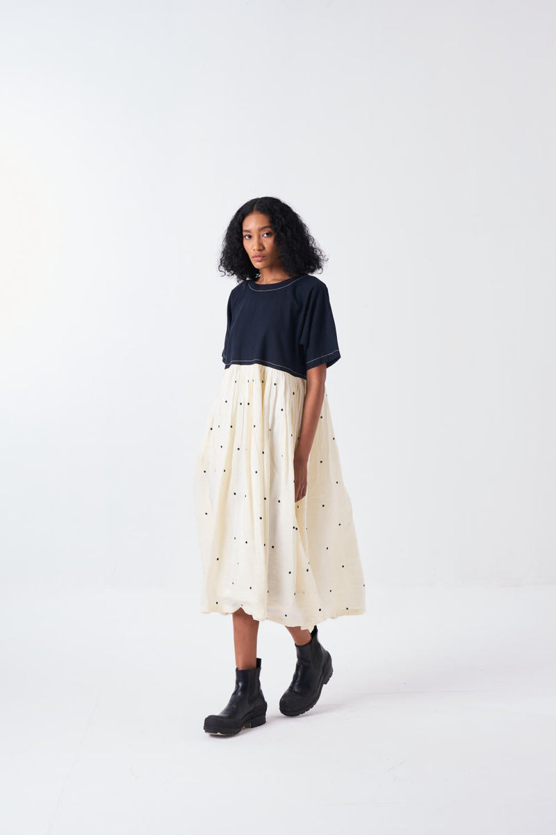 YOKE GATHER DRESS -BLACK/IVORY silk by THREE for women Worldwide