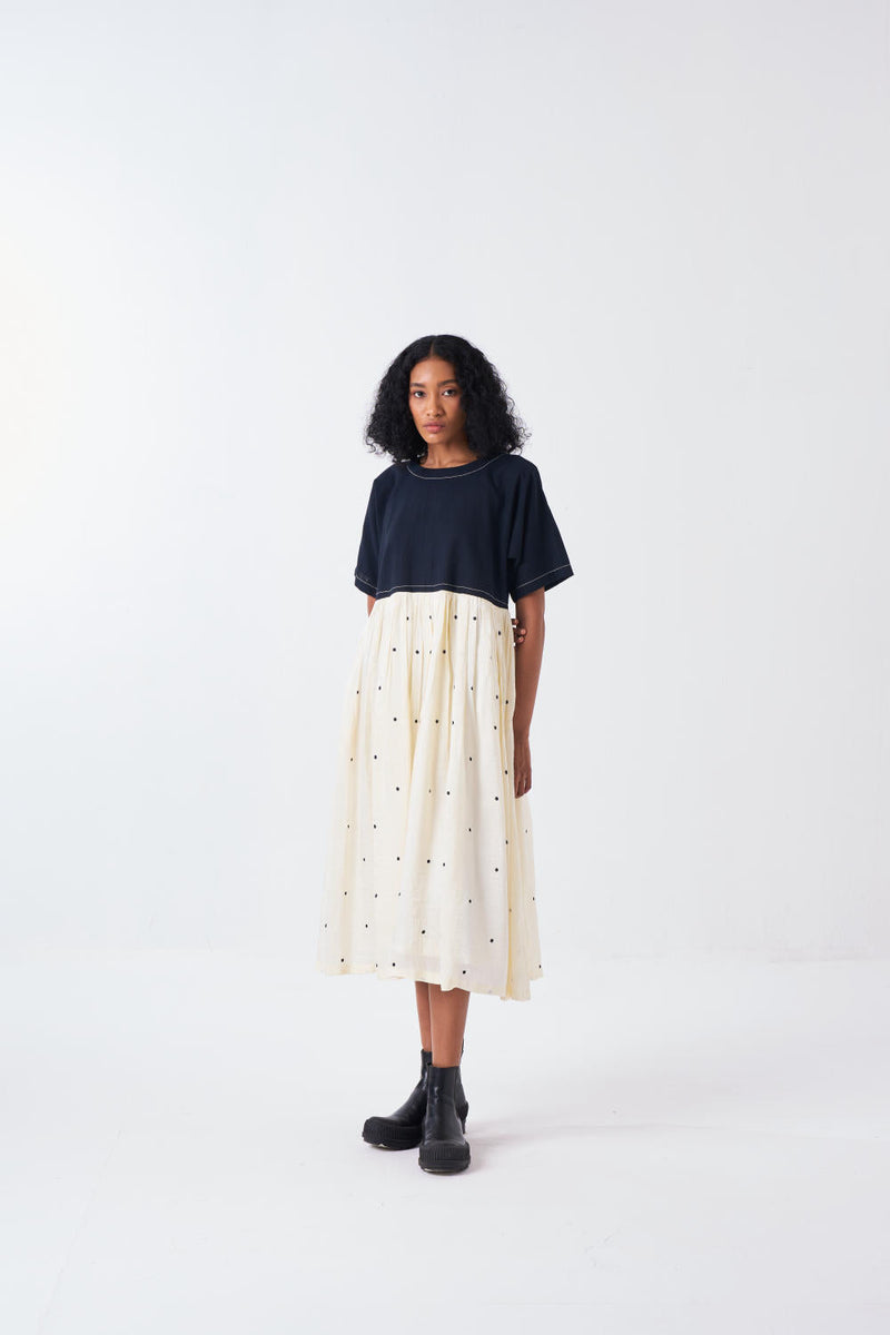 YOKE GATHER DRESS -BLACK/IVORY silk by THREE for women Worldwide