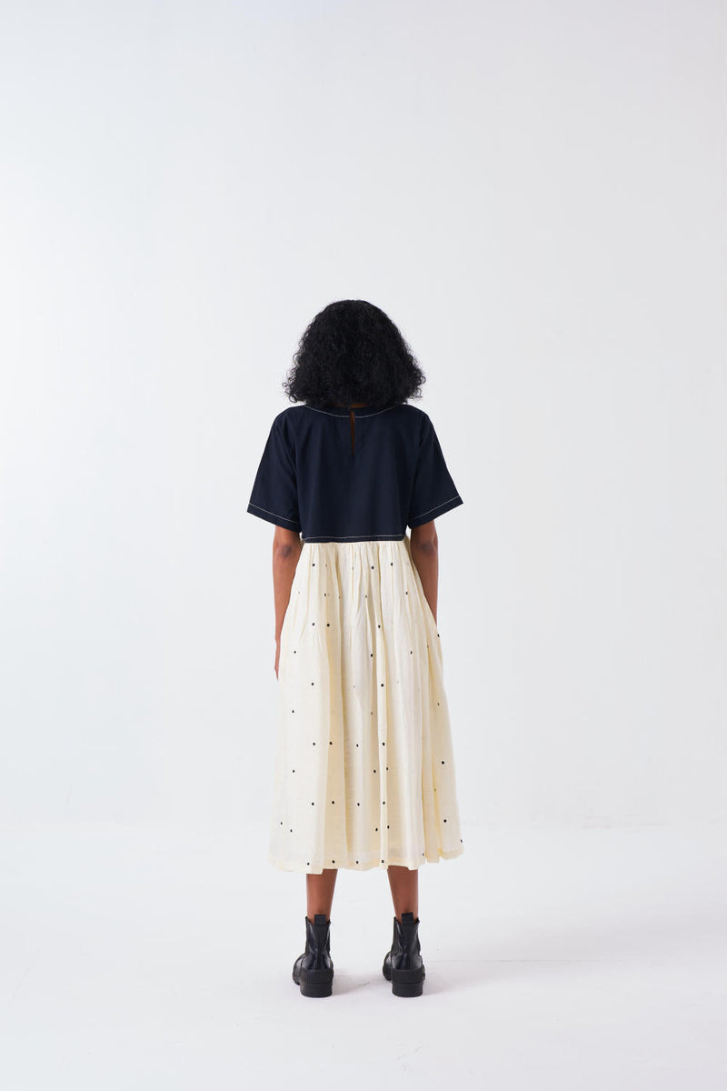 YOKE GATHER DRESS -BLACK/IVORY silk by THREE for women Worldwide