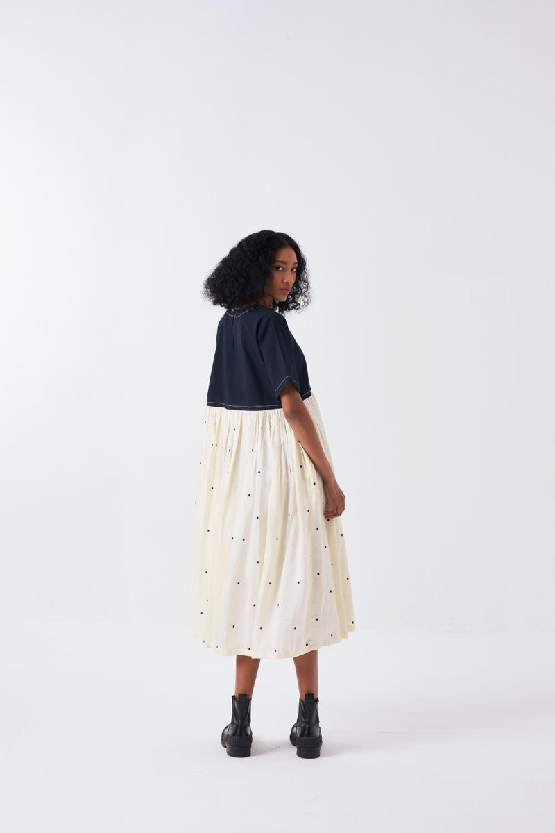 YOKE GATHER DRESS -BLACK/IVORY silk by THREE for women Worldwide