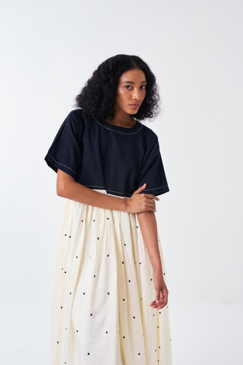 YOKE GATHER DRESS -BLACK/IVORY silk by THREE for women Worldwide