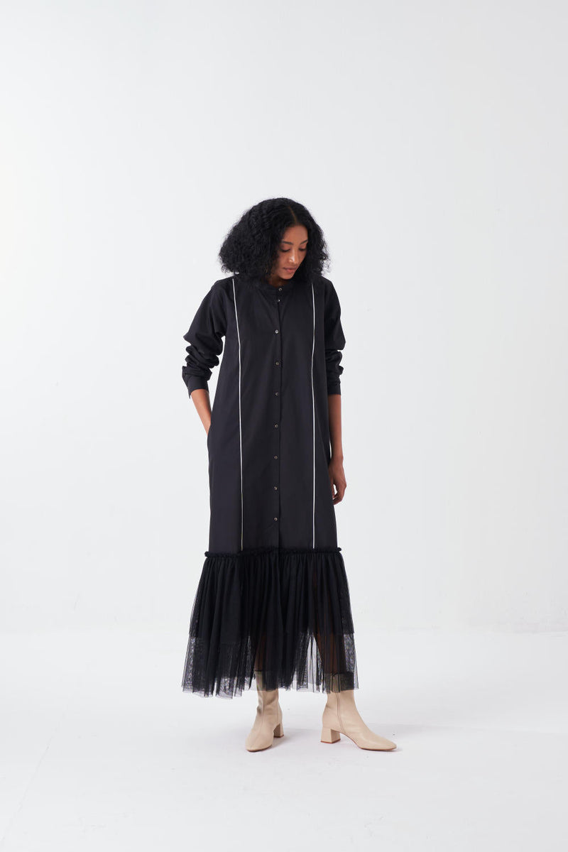 BOTTOM FRILL DRESS-BLACK poplin by THREE for women Worldwide