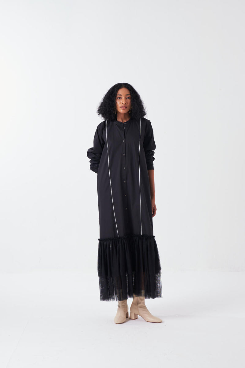 BOTTOM FRILL DRESS-BLACK poplin by THREE for women Worldwide