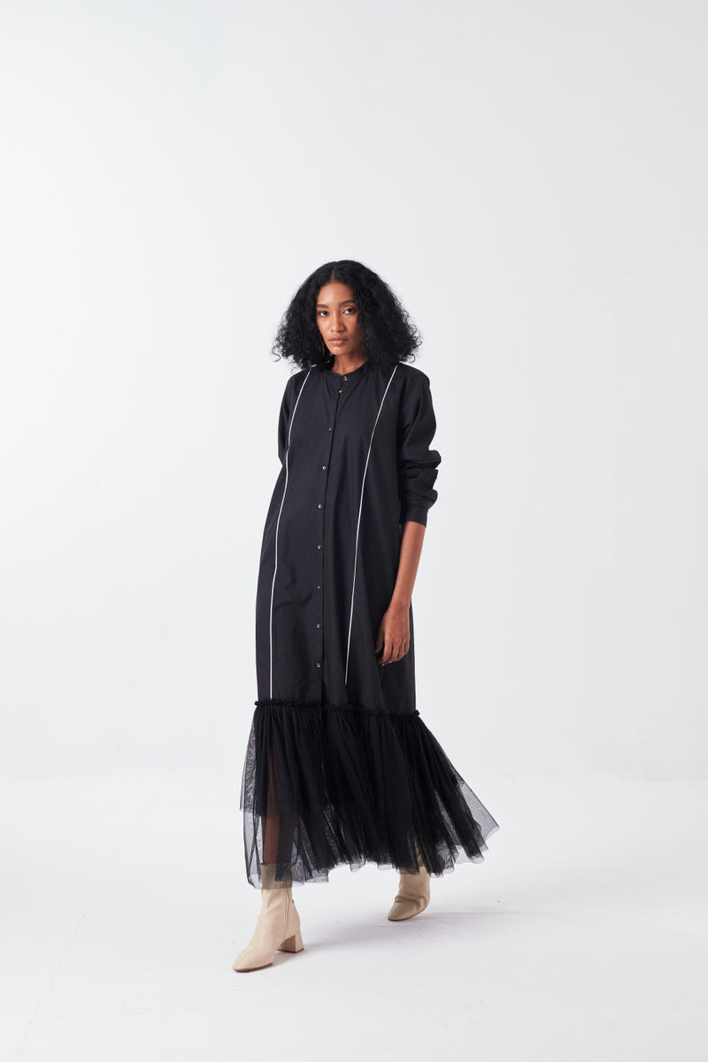 BOTTOM FRILL DRESS-BLACK poplin by THREE for women Worldwide