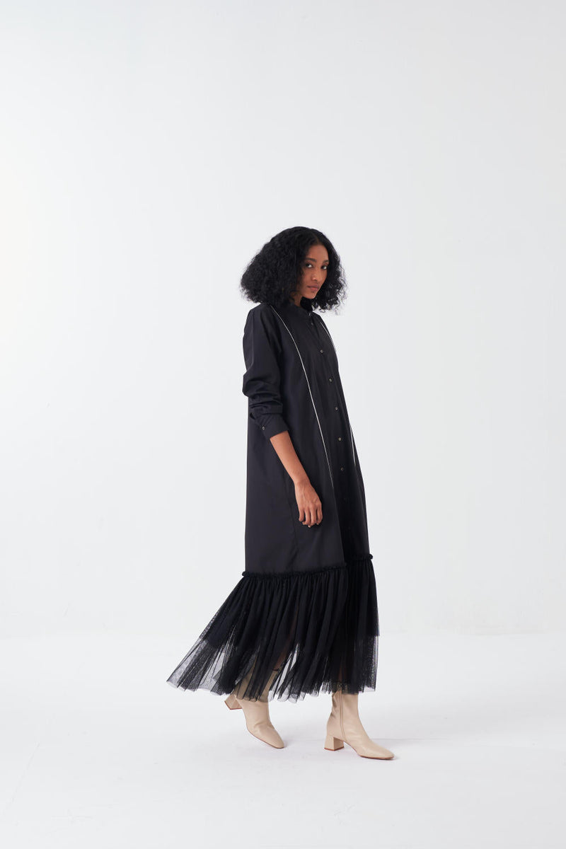 BOTTOM FRILL DRESS-BLACK poplin by THREE for women Worldwide