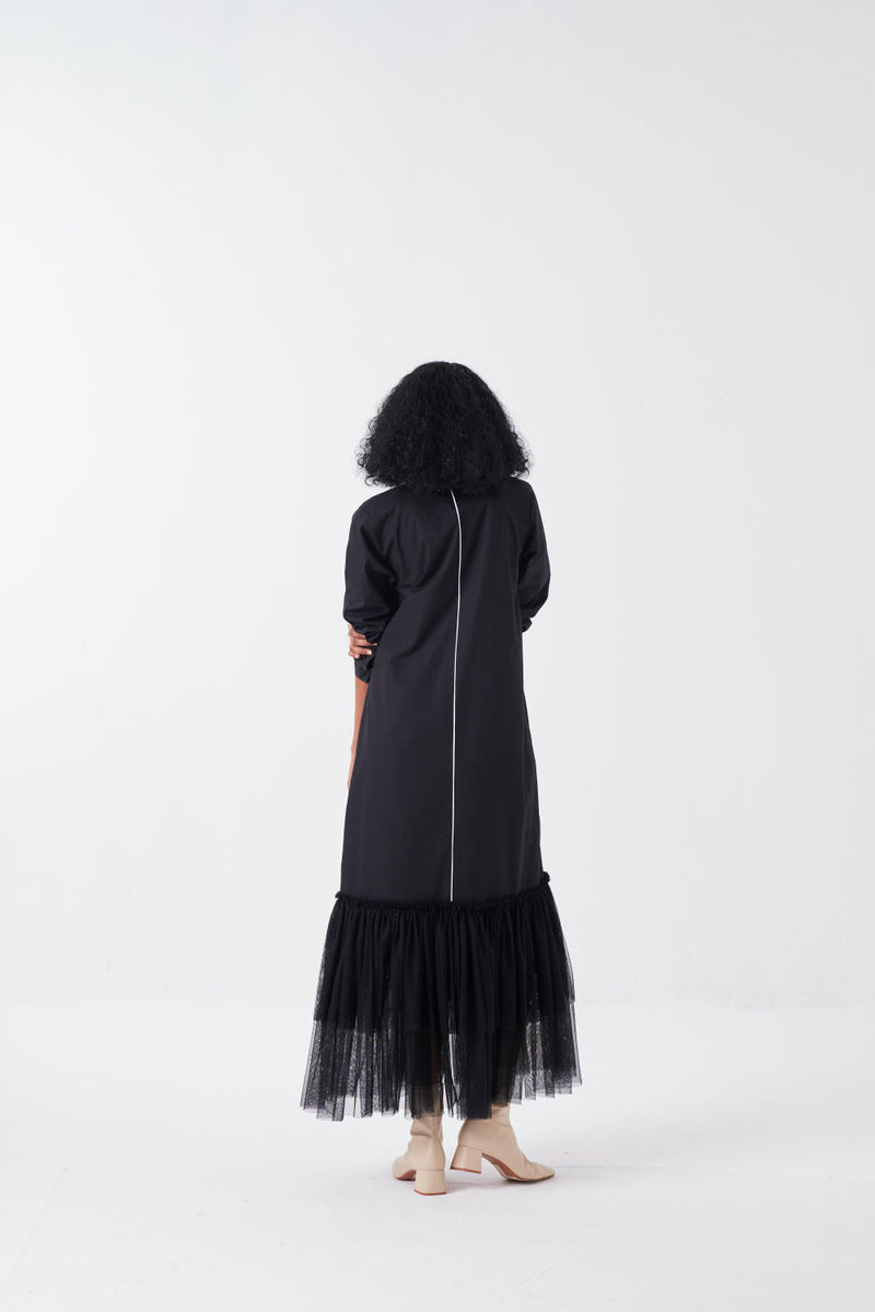 BOTTOM FRILL DRESS-BLACK poplin by THREE for women Worldwide