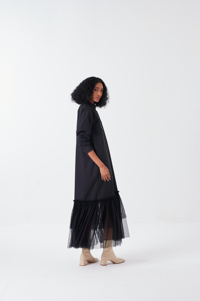 BOTTOM FRILL DRESS-BLACK poplin by THREE for women Worldwide