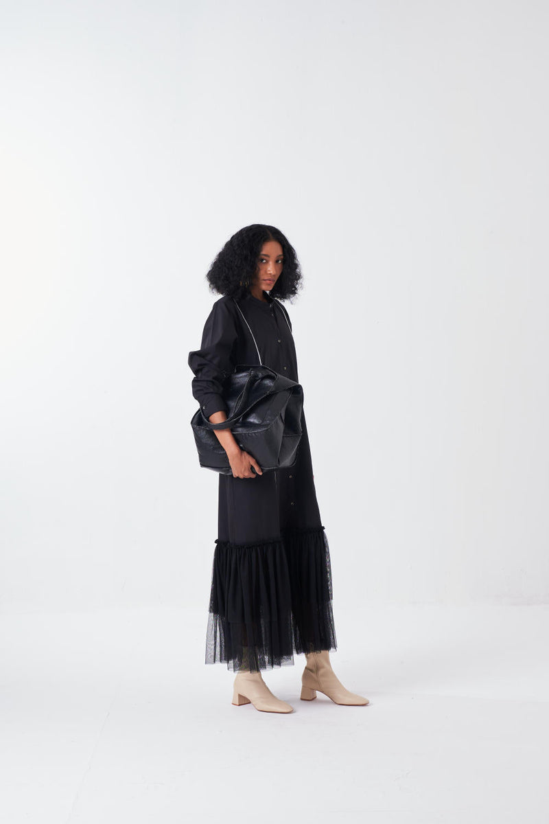 BOTTOM FRILL DRESS-BLACK poplin by THREE for women Worldwide