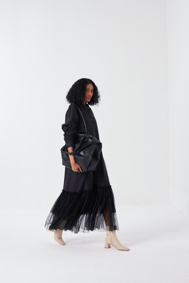 BOTTOM FRILL DRESS-BLACK poplin by THREE for women Worldwide