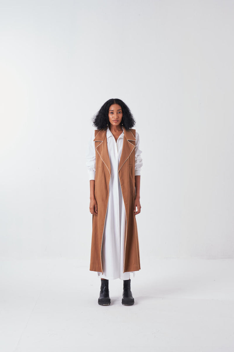 SLEEVELESS JACKET-SAND poplin by THREE for women Worldwide