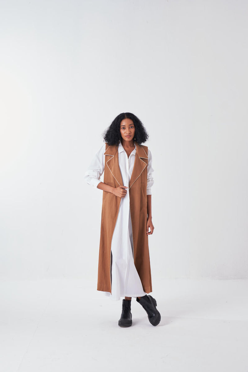 SLEEVELESS JACKET CO-ORD-SAND & WHITE (SET OF 2) poplin by THREE for women Worldwide