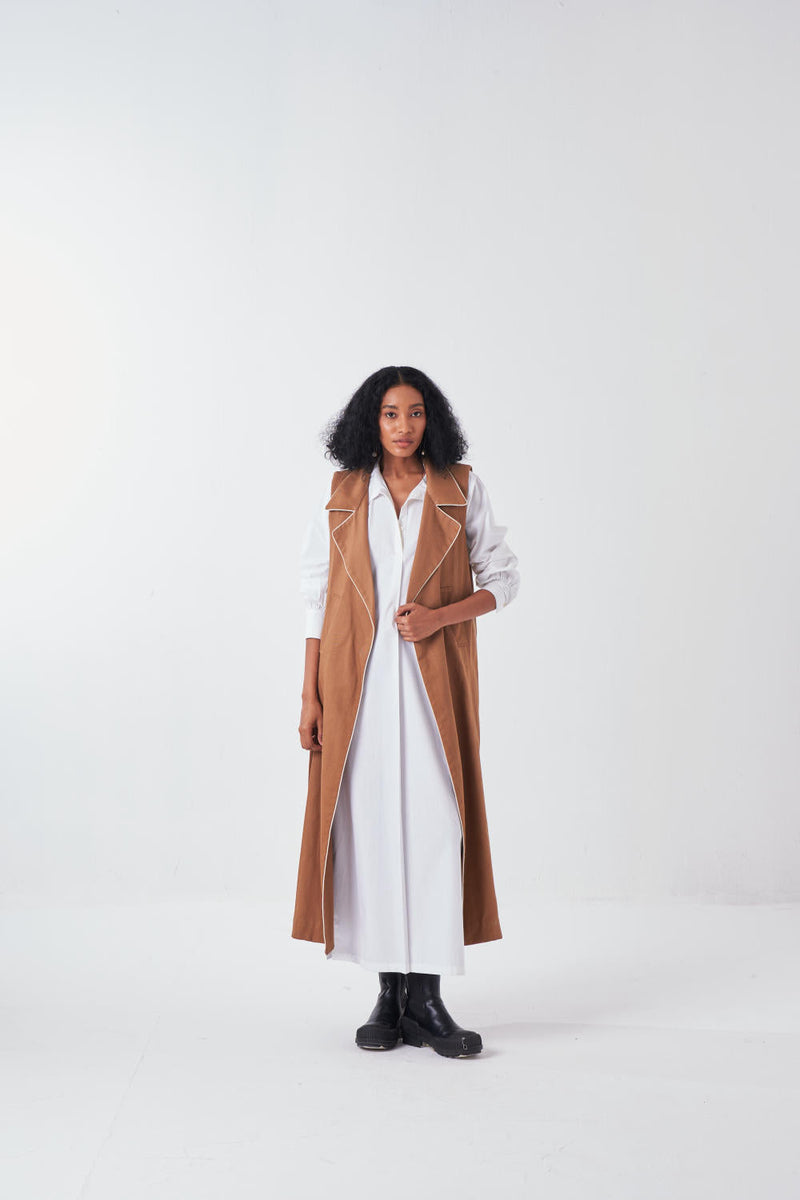 SLEEVELESS JACKET-SAND poplin by THREE for women Worldwide