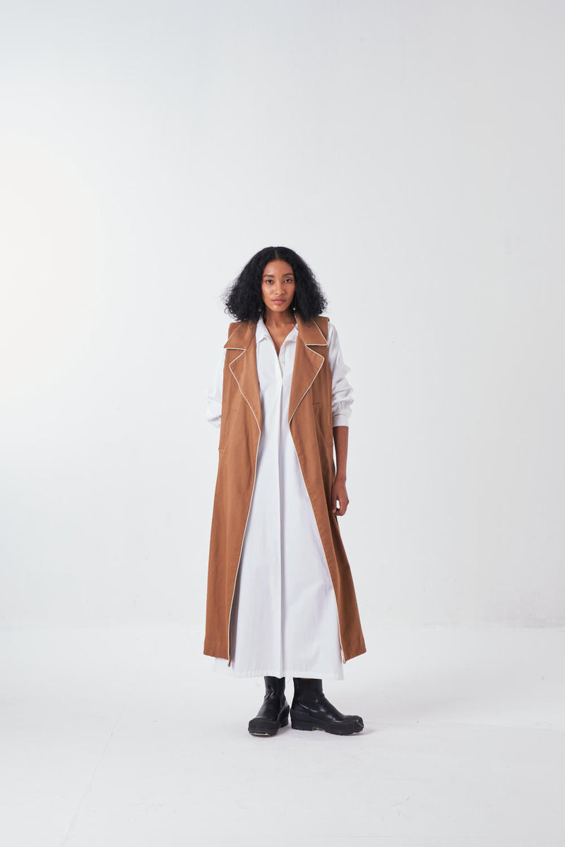 SLEEVELESS JACKET CO-ORD-SAND & WHITE (SET OF 2) poplin by THREE for women Worldwide