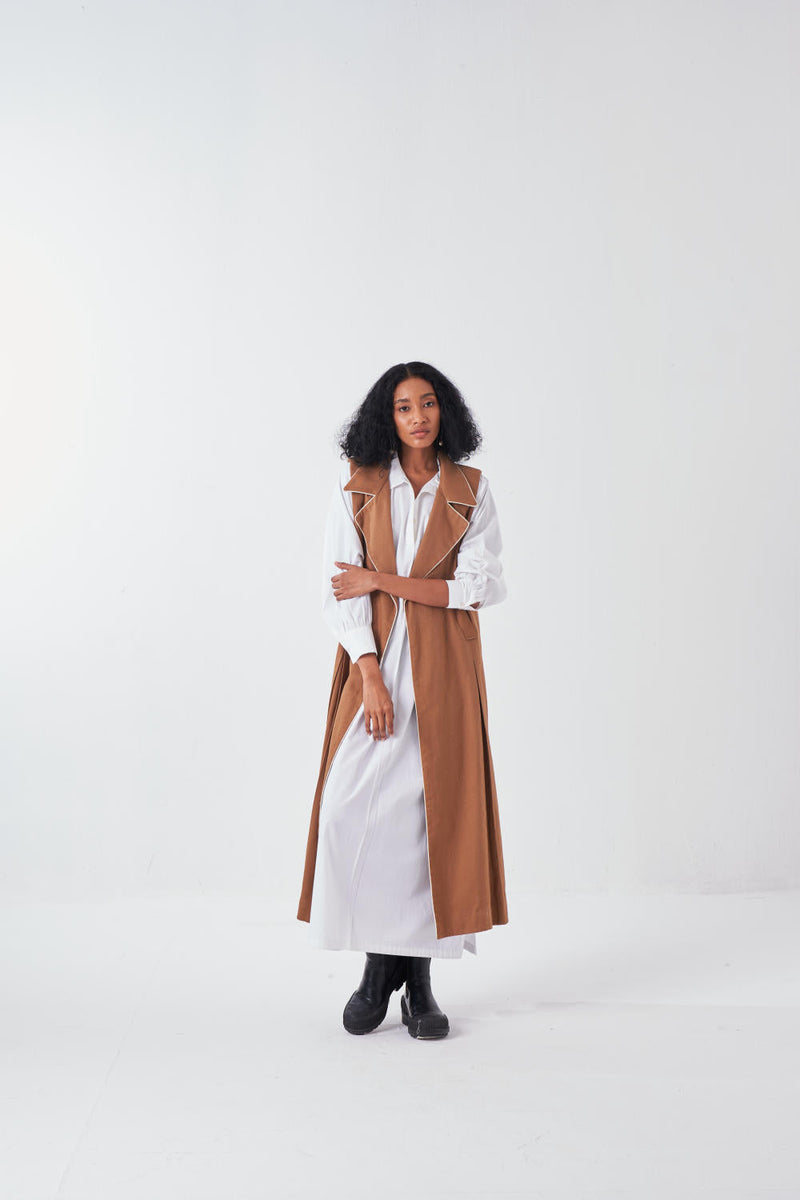 SLEEVELESS JACKET-SAND poplin by THREE for women Worldwide
